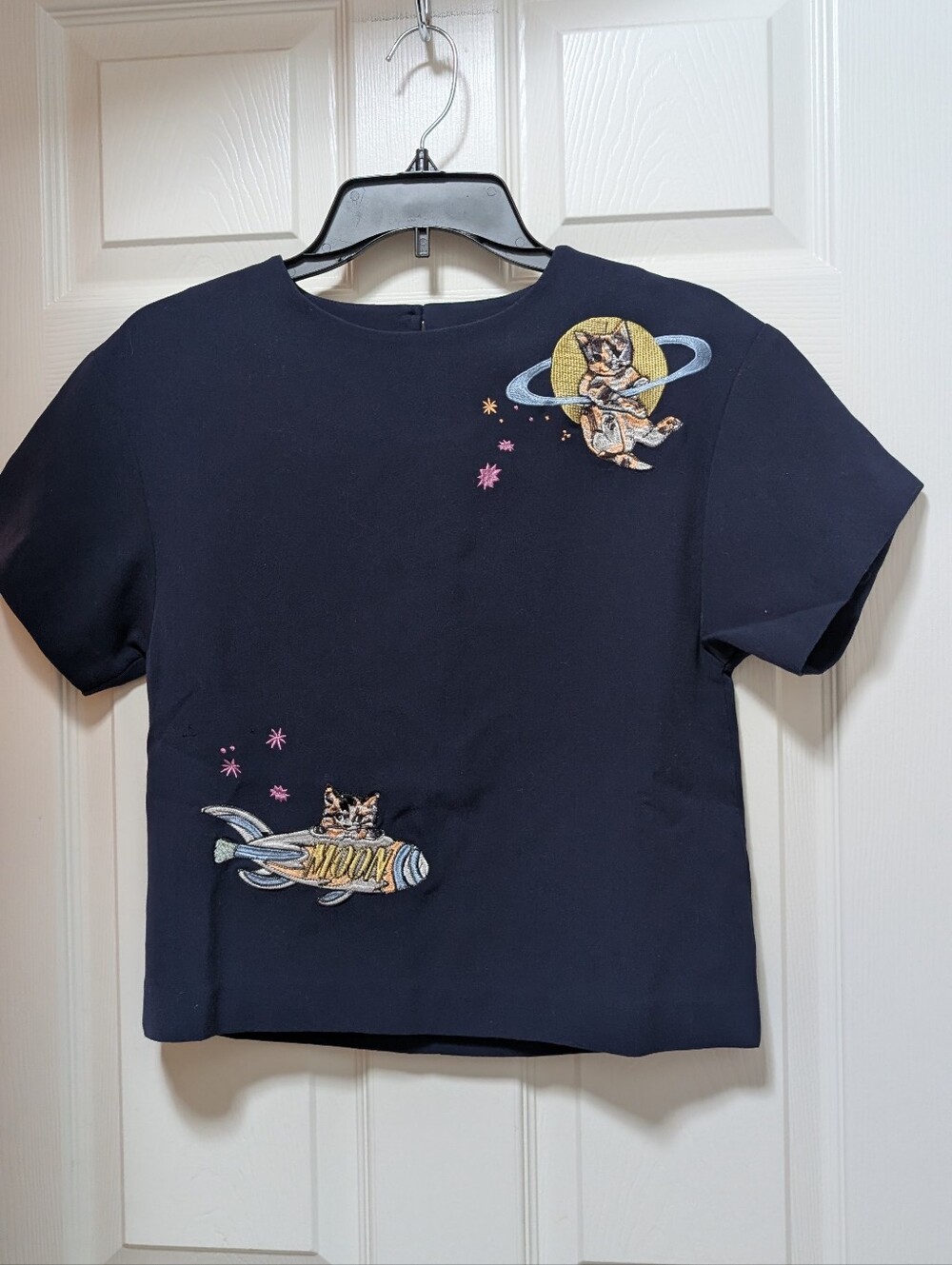 Paul & Joe Sister Marine Blue Space Cat Zoom Blouse Top Size 0 Embroidered